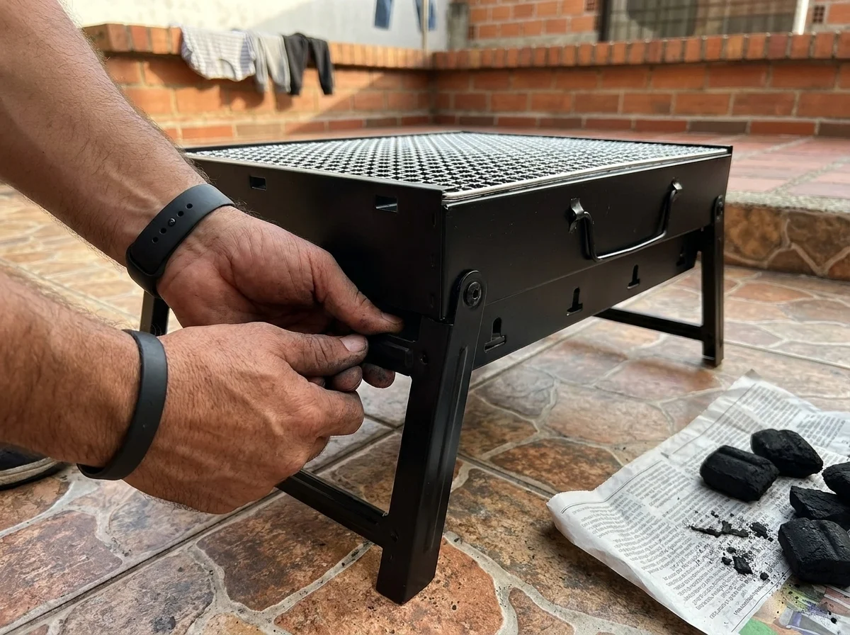 Detalle de la rejilla y bandeja de carbón del asador