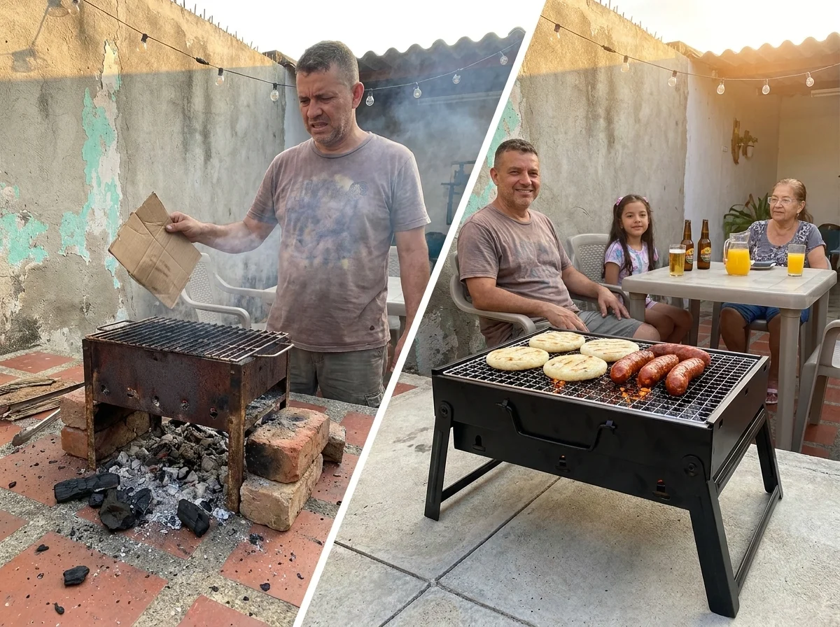 Asador plegado junto al mismo asador armado