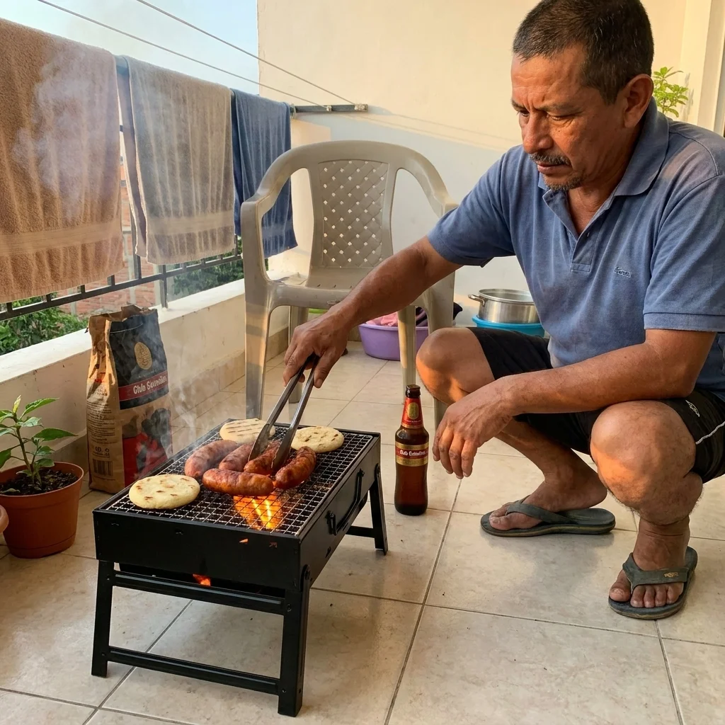 Asador armado en la playa con amigos alrededor