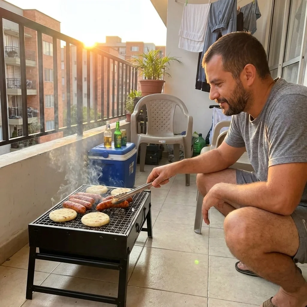 Asador plegado guardado en el baúl del carro