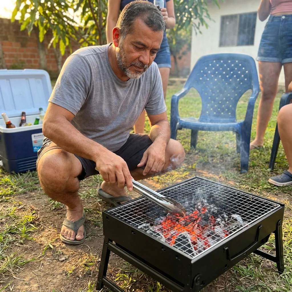 Asador listo con carbón encendido