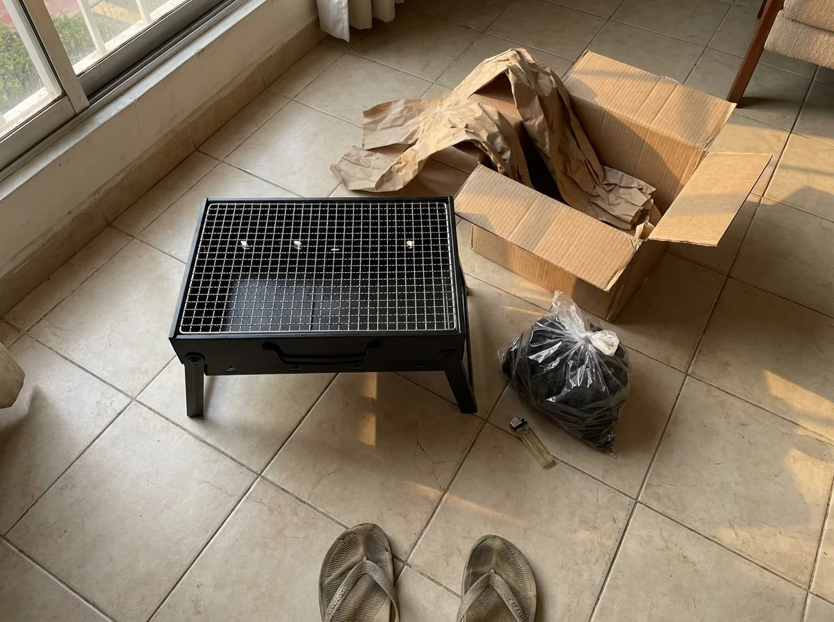 Asador plegable con su caja de empaque