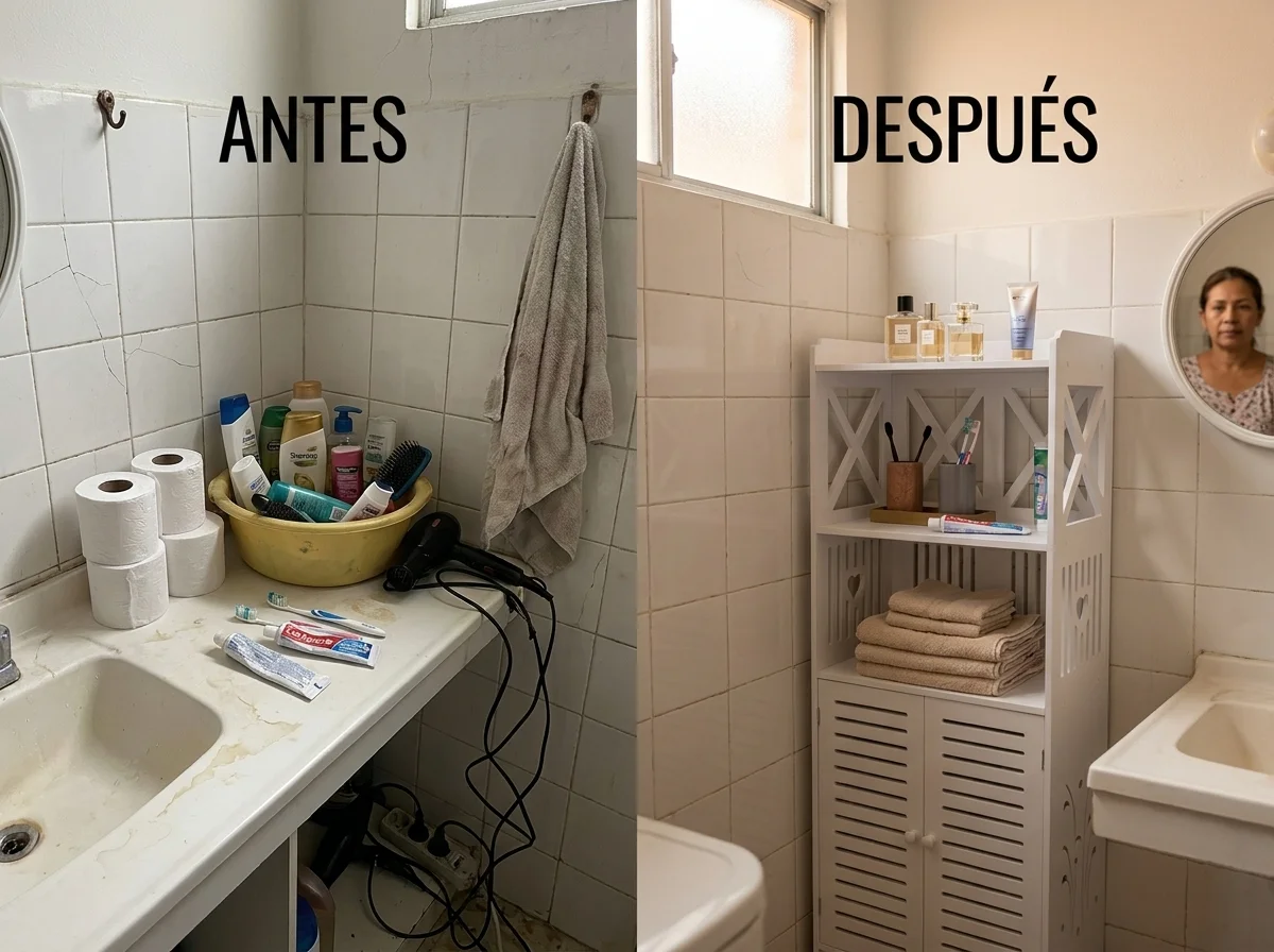 Comparación de baño antes y después de instalar el organizador