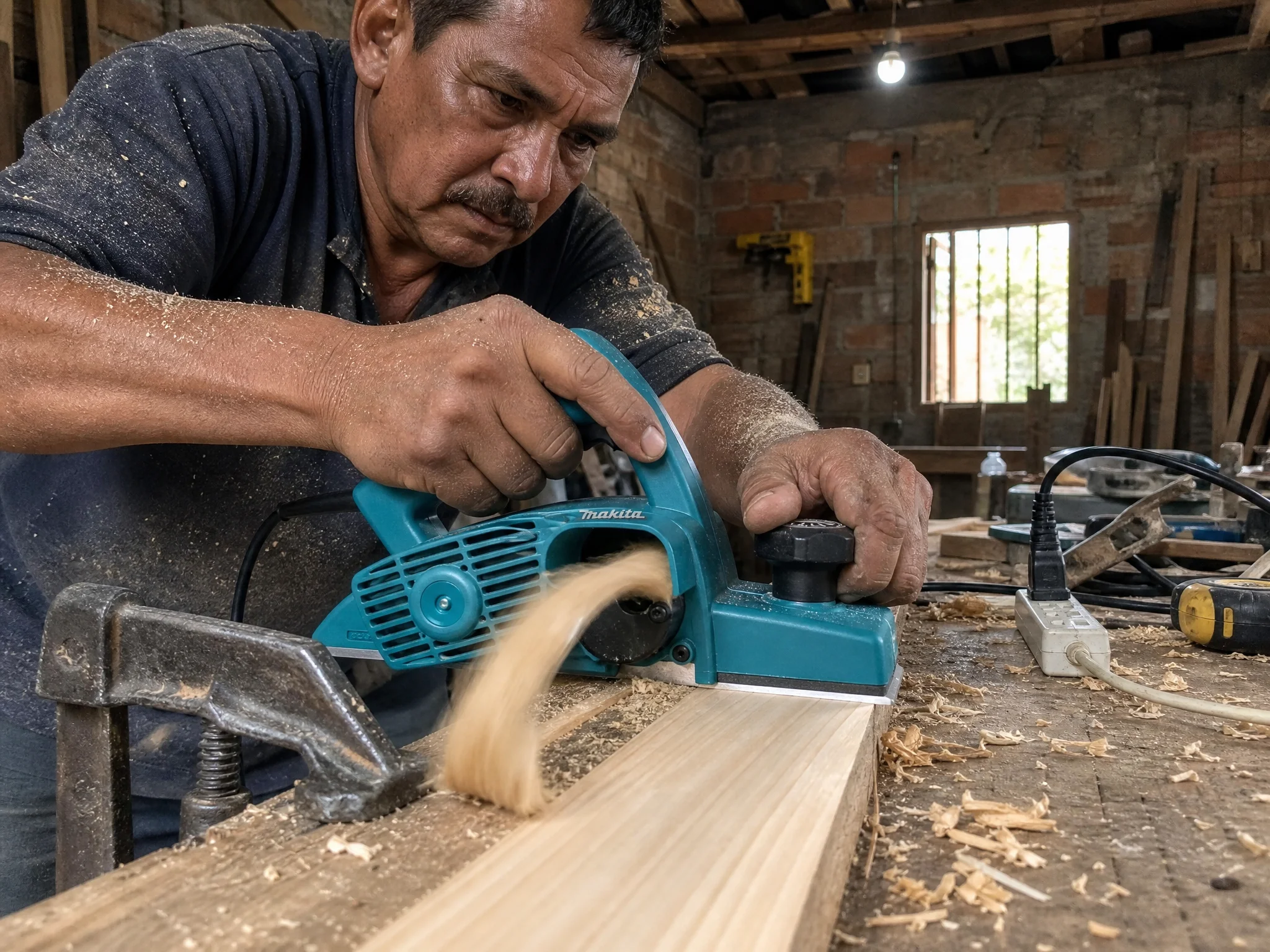 Cepillo Makita M1902B pasando sobre una tabla de madera en el taller