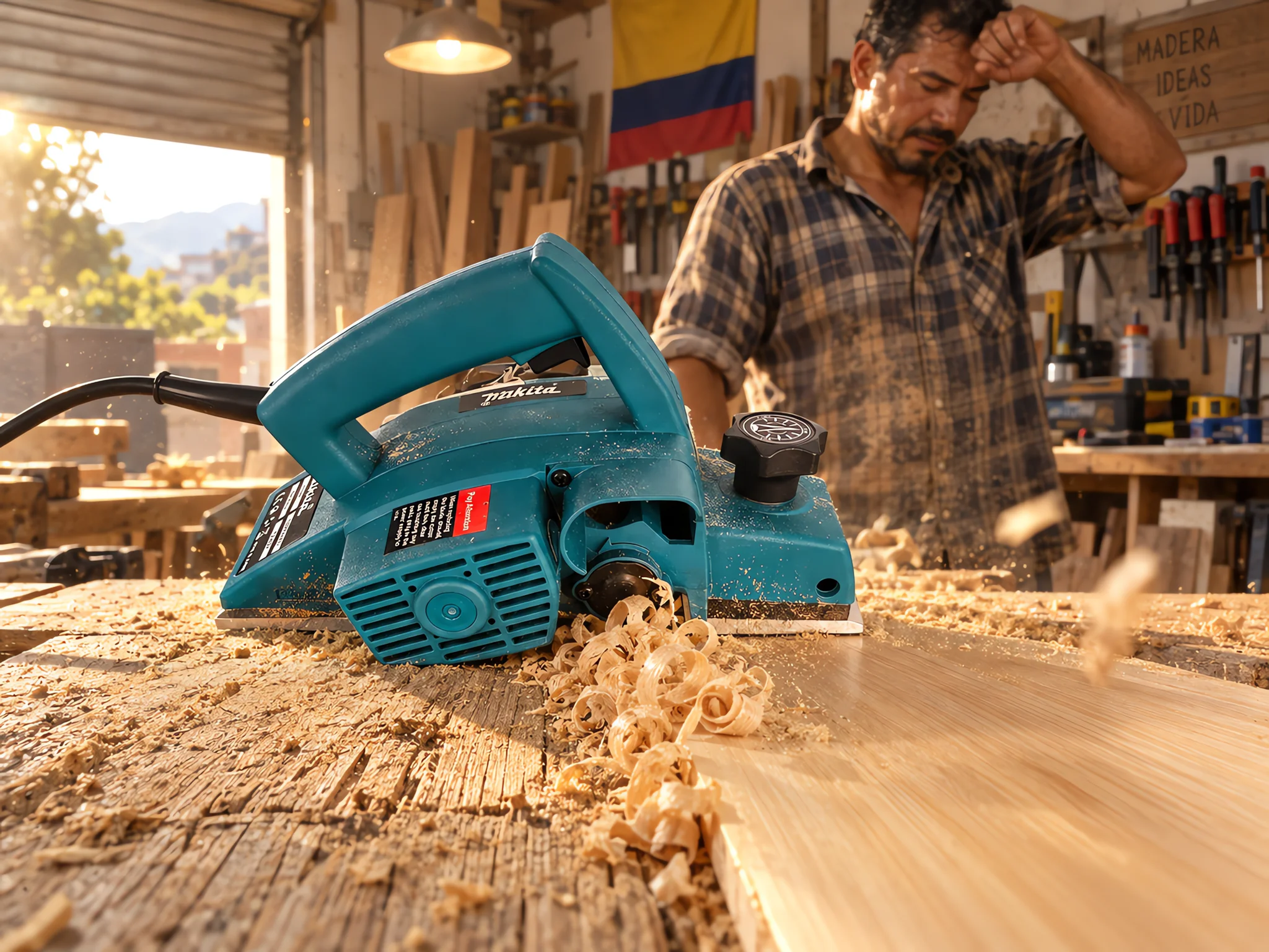 Tabla de madera antes y después de pasar el cepillo Makita