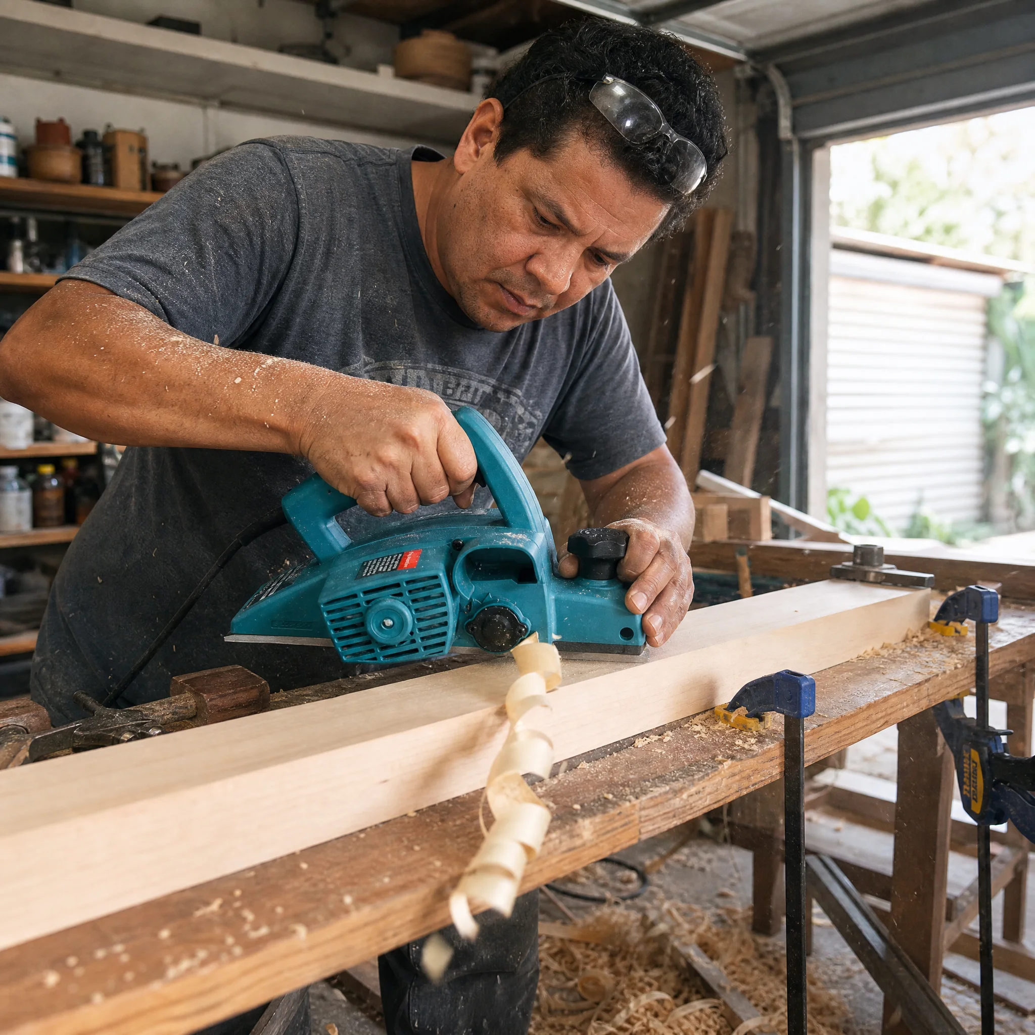 Cliente usando el cepillo Makita en su taller