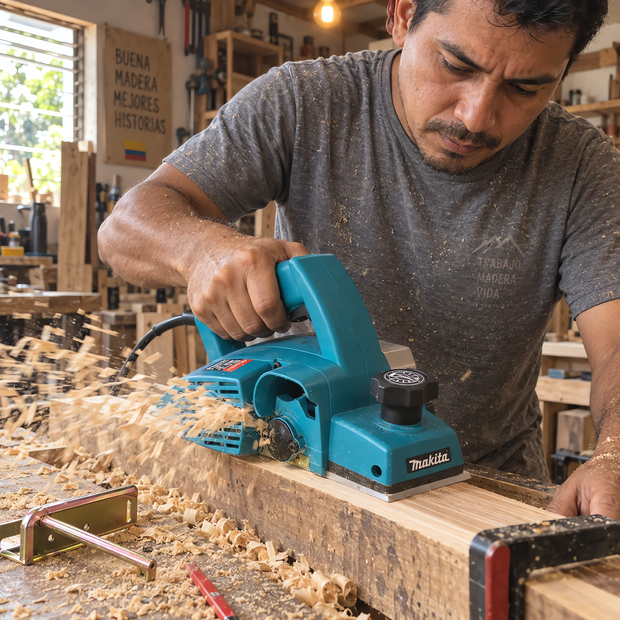 Pasando el cepillo Makita a lo largo de la tabla