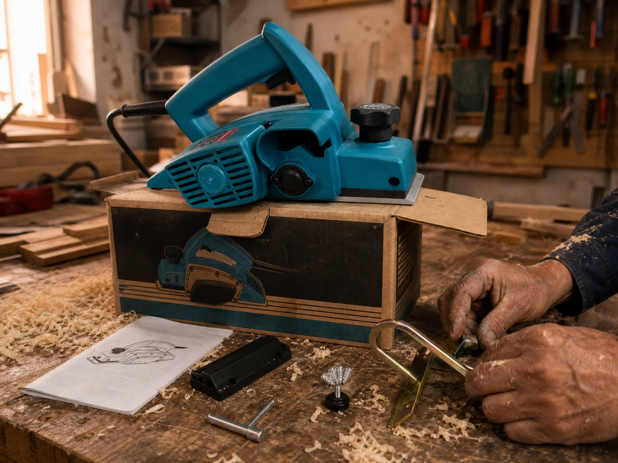 Cepillo Makita M1902B junto a su caja original