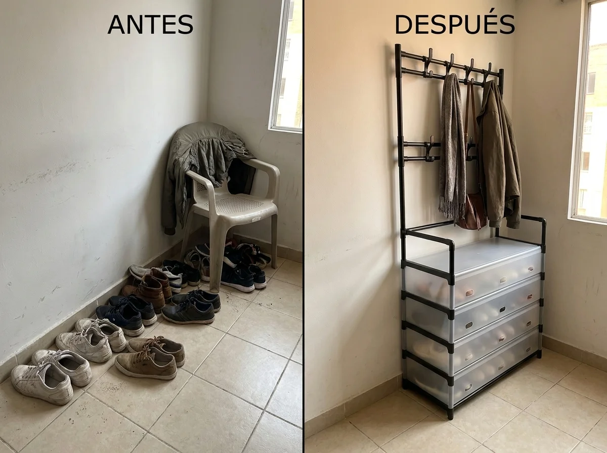 Comparación de entrada desordenada y entrada con perchero organizado