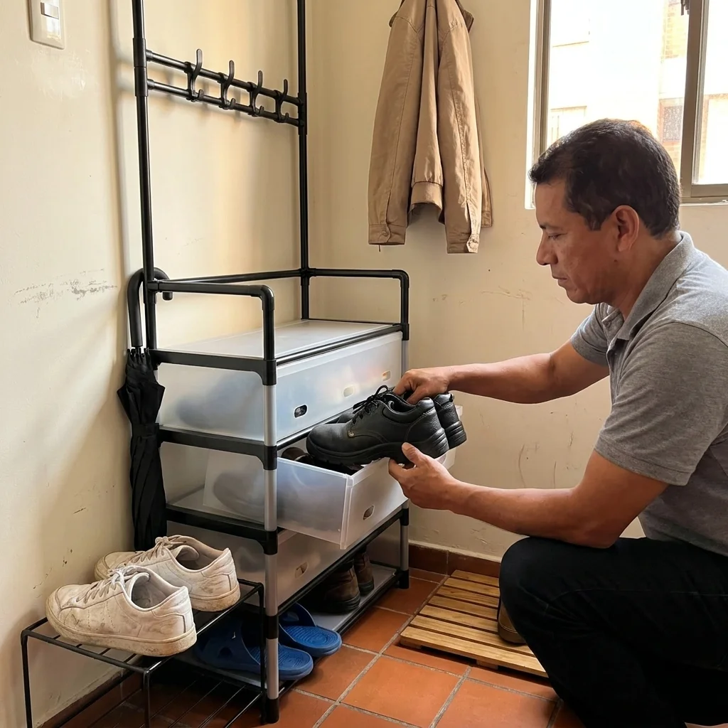 Perchero ubicado en un estudio pequeño con abrigos colgados